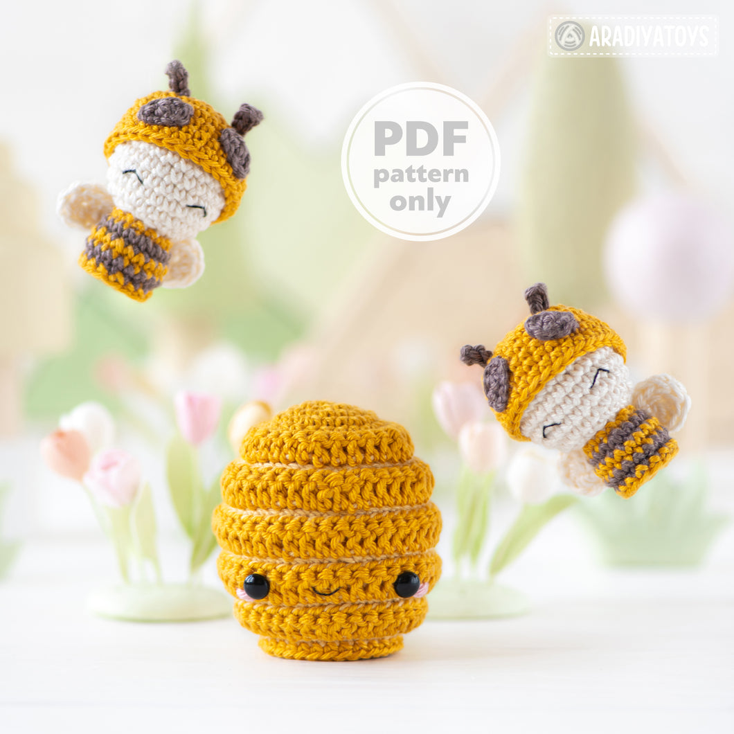 2-in-1 amigurumi beehive with bees crochet pattern by AradiyaToys mini kingdom beehive crochet DIY tutorial PDF file handmade bee amigurumi
