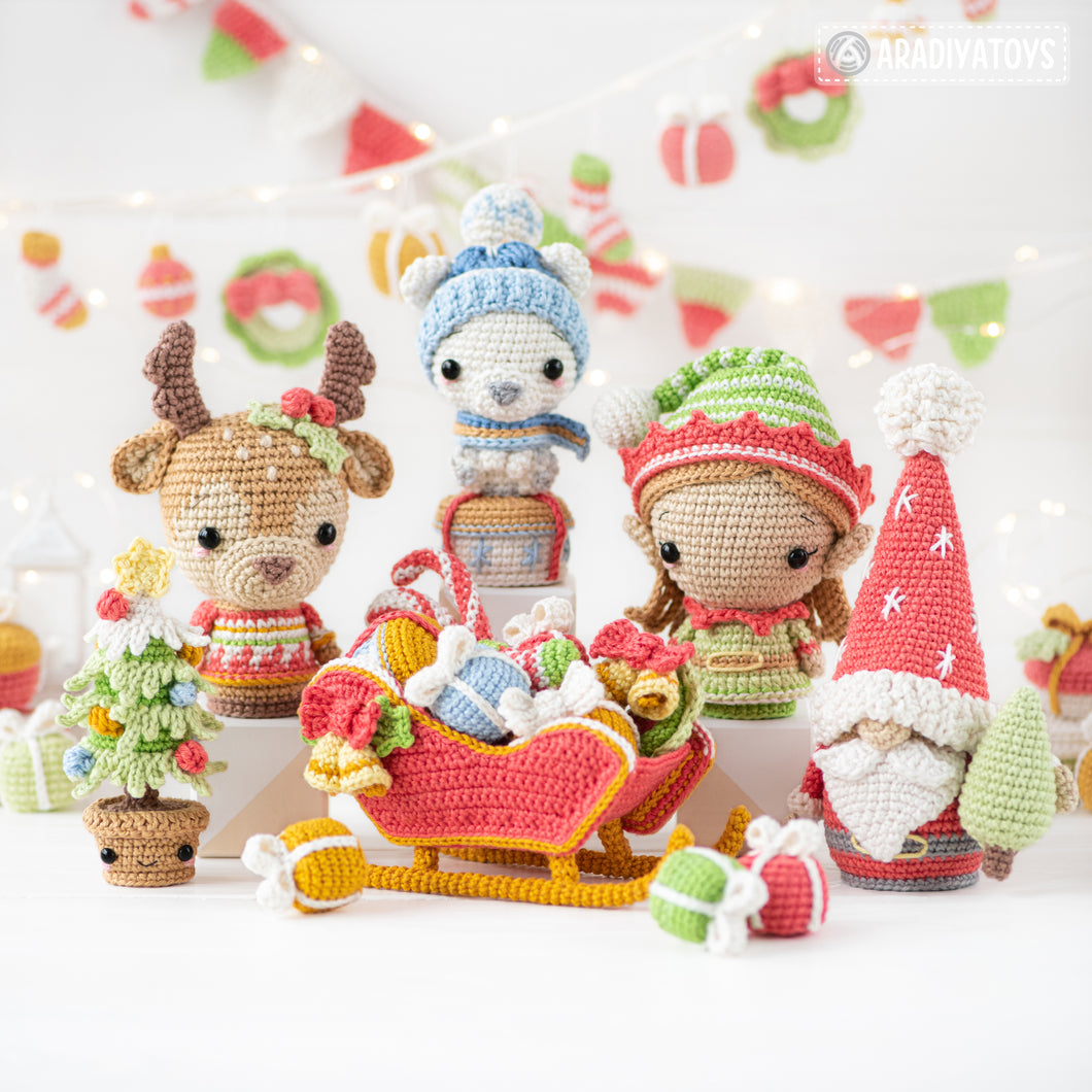Christmas Crochet Pattern Mini Amigurumi Toys Set Gnome Santa Sleigh Elf Deer Christmas Tree Bear Christmas Decorations DIY Ornament Xmas