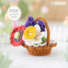 Afbeelding in Gallery-weergave laden, flower basket crochet pattern PDF narcissus poppy lavender amigurumi flowers DIY tutorial mini kingdom handmade instant download bouquet
