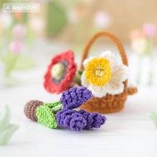 Afbeelding in Gallery-weergave laden, flower basket crochet pattern PDF narcissus poppy lavender amigurumi flowers DIY tutorial mini kingdom handmade instant download bouquet
