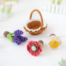 Afbeelding in Gallery-weergave laden, flower basket crochet pattern PDF narcissus poppy lavender amigurumi flowers DIY tutorial mini kingdom handmade instant download bouquet
