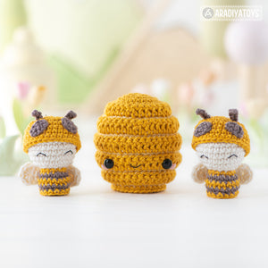 2-in-1 amigurumi beehive with bees crochet pattern by AradiyaToys mini kingdom beehive crochet DIY tutorial PDF file handmade bee amigurumi