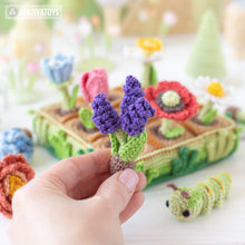Load image into Gallery viewer, 11-in-1 flower field crochet pattern PDF file amigurumi Mini Kingdom tulip lavender poppy chamomile hydrangea peony caterpillar DIY tutorial
