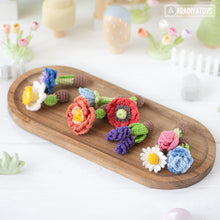 Load image into Gallery viewer, 11-in-1 flower field crochet pattern PDF file amigurumi Mini Kingdom tulip lavender poppy chamomile hydrangea peony caterpillar DIY tutorial
