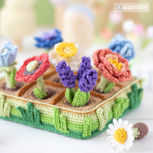 Load image into Gallery viewer, 11-in-1 flower field crochet pattern PDF file amigurumi Mini Kingdom tulip lavender poppy chamomile hydrangea peony caterpillar DIY tutorial
