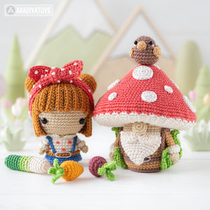5-in-1 vegetable patch crochet pattern amigurumi by AradiyaToys mini kingdom mushroom gnome crochet tutorial DIY PDF file bunny garden girl