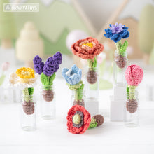 Load image into Gallery viewer, 11-in-1 flower field crochet pattern PDF file amigurumi Mini Kingdom tulip lavender poppy chamomile hydrangea peony caterpillar DIY tutorial
