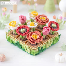 Load image into Gallery viewer, 11-in-1 flower field crochet pattern PDF file amigurumi Mini Kingdom tulip lavender poppy chamomile hydrangea peony caterpillar DIY tutorial
