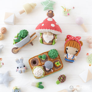 5-in-1 vegetable patch crochet pattern amigurumi by AradiyaToys mini kingdom mushroom gnome crochet tutorial DIY PDF file bunny garden girl