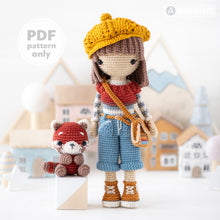 Load image into Gallery viewer, crochet doll pattern amigurumi Kimberly doll with red panda beret Roxy by AradiyaToys tutorial PDF file handmade DIY dolls crochet patterns
