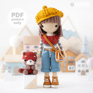 crochet doll pattern amigurumi Kimberly doll with red panda beret Roxy by AradiyaToys tutorial PDF file handmade DIY dolls crochet patterns