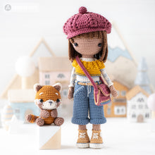 Load image into Gallery viewer, crochet doll pattern amigurumi Kimberly doll with red panda beret Roxy by AradiyaToys tutorial PDF file handmade DIY dolls crochet patterns
