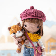 Load image into Gallery viewer, crochet doll pattern amigurumi Kimberly doll with red panda beret Roxy by AradiyaToys tutorial PDF file handmade DIY dolls crochet patterns
