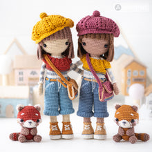 Load image into Gallery viewer, crochet doll pattern amigurumi Kimberly doll with red panda beret Roxy by AradiyaToys tutorial PDF file handmade DIY dolls crochet patterns
