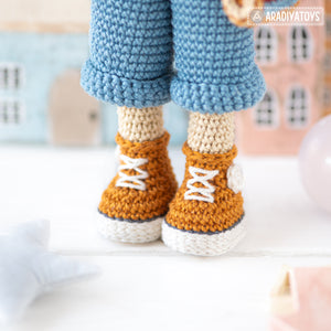 crochet doll pattern amigurumi Kimberly doll with red panda beret Roxy by AradiyaToys tutorial PDF file handmade DIY dolls crochet patterns