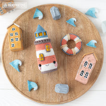 Load image into Gallery viewer, kawaii lighthouse crochet pattern PDF amigurumi lifebuoy DIY tutorial nautical decor mini kingdom coastal sea toy easy crochet pattern
