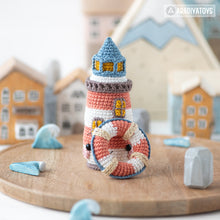 Load image into Gallery viewer, kawaii lighthouse crochet pattern PDF amigurumi lifebuoy DIY tutorial nautical decor mini kingdom coastal sea toy easy crochet pattern
