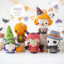 Load image into Gallery viewer, 5-in-1 halloween characters crochet pattern pdf sad clown frankenstein gnome pumpkinhead plague doctor el diablito amigurumi diy toy set
