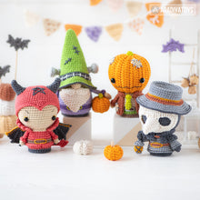 Load image into Gallery viewer, 5-in-1 halloween characters crochet pattern pdf sad clown frankenstein gnome pumpkinhead plague doctor el diablito amigurumi diy toy set
