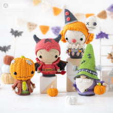 Load image into Gallery viewer, 5-in-1 halloween characters crochet pattern pdf sad clown frankenstein gnome pumpkinhead plague doctor el diablito amigurumi diy toy set
