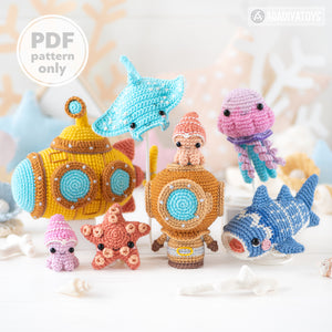 7-in-1 deep ocean crochet pattern amigurumi by AradiyaToys mini kingdom submarine whale shark jellyfish diver crochet tutorial DIY PDF file