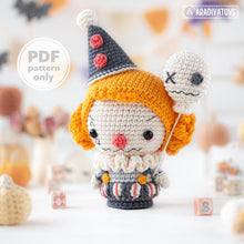 Load image into Gallery viewer, sad clown crochet pattern halloween amigurumi tutorial AradiyaToys spooky season crochet DIY tutorial PDF file handmade amigurumi pattern
