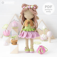 Load image into Gallery viewer, Friendy Luna with Kawaii Sprout from &quot;AradiyaToys Friendies&quot; collection / crochet doll pattern (Amigurumi tutorial PDF file), elf doll dress
