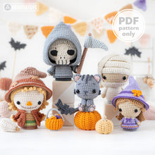 Load image into Gallery viewer, Halloween Minis set 3 from “AradiyaToys Minis” collection / crochet patterns by AradiyaToys (Amigurumi tutorial PDF file) witch scarecrow
