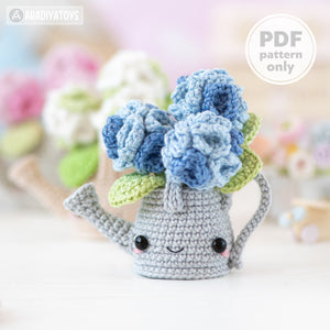 Kawaii Watering Can with Hydrangea from "AradiyaToys Kawaii” collection / Crochet Pattern (Amigurumi Tutorial PDF File) Handmade Flowers DIY