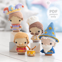 Load image into Gallery viewer, Royal Servants from “Mini Kingdom” collection, crochet patterns by AradiyaToys (Amigurumi tutorial PDF file), joker, astronomer, chef, drummer
