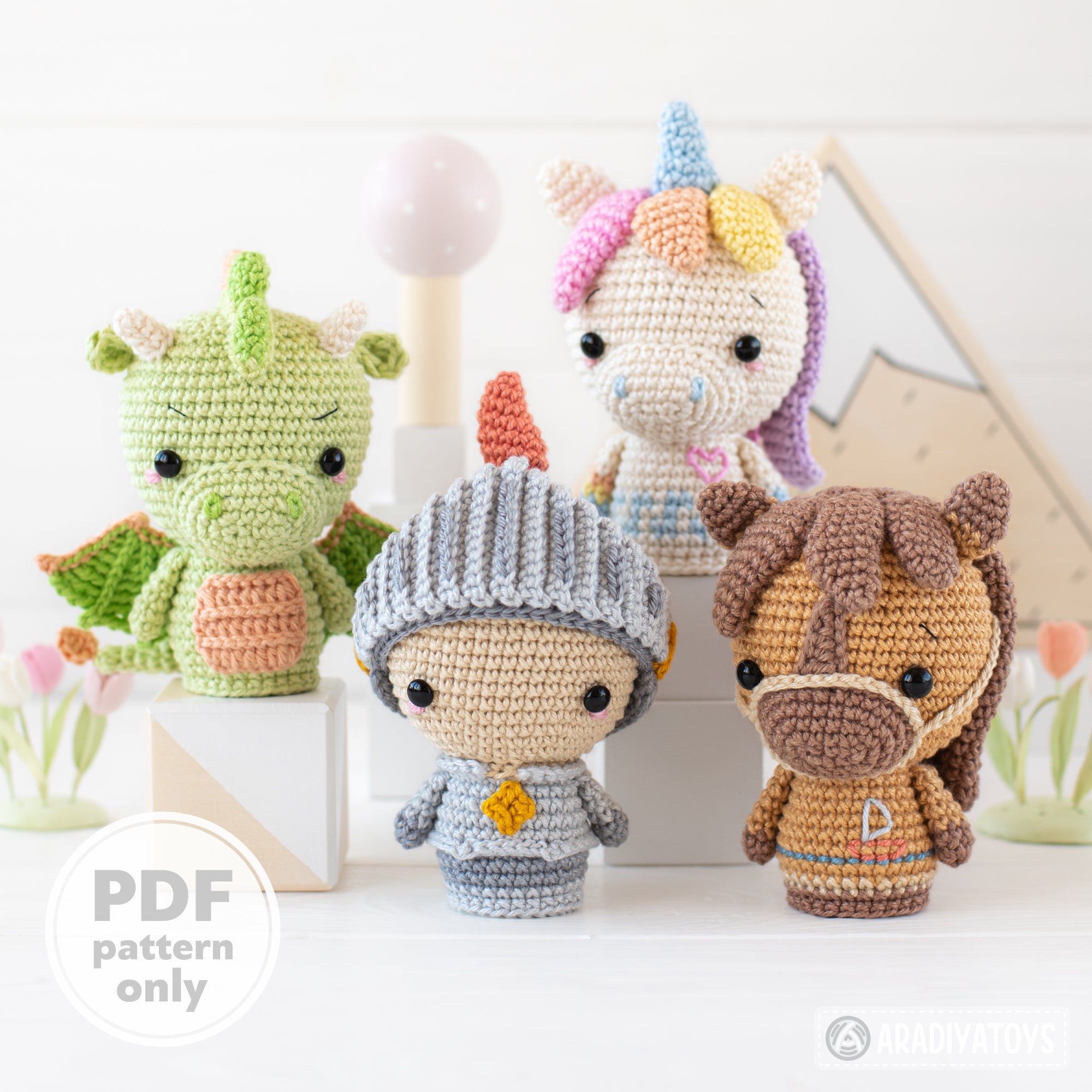 Royal Tale from “Mini Kingdom” collection crochet patterns by AradiyaToys  (Amigurumi tutorial PDF file), dragon, unicorn, knight, horse