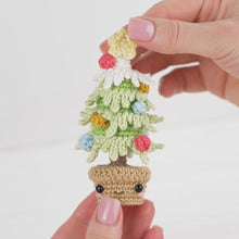Load and play video in Gallery viewer, kawaii mini Christmas tree crochet pattern amigurumi tutorial AradiyaToys Christmas tree decor ornament xmas crochet DIY lesson PDF file
