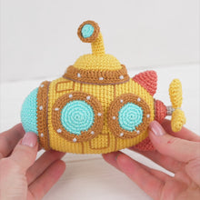 Load and play video in Gallery viewer, submarine crochet pattern amigurumi by AradiyaToys mini kingdom crochet submarine DIY tutorial PDF file handmade submarine amigurumi pattern
