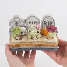 Load and play video in Gallery viewer, graveyard halloween crochet pattern cemetery amigurumi tutorial by AradiyaToys mini kingdom zombie crochet tombstone DIY file handmade PDF
