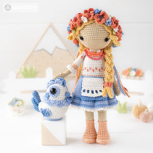 Friendy Lesia the Ukrainian doll with Unbreakable Rooster from "AradiyaToys Friendies" collection / crochet doll pattern (Amigurumi tutorial PDF file), Ukraine